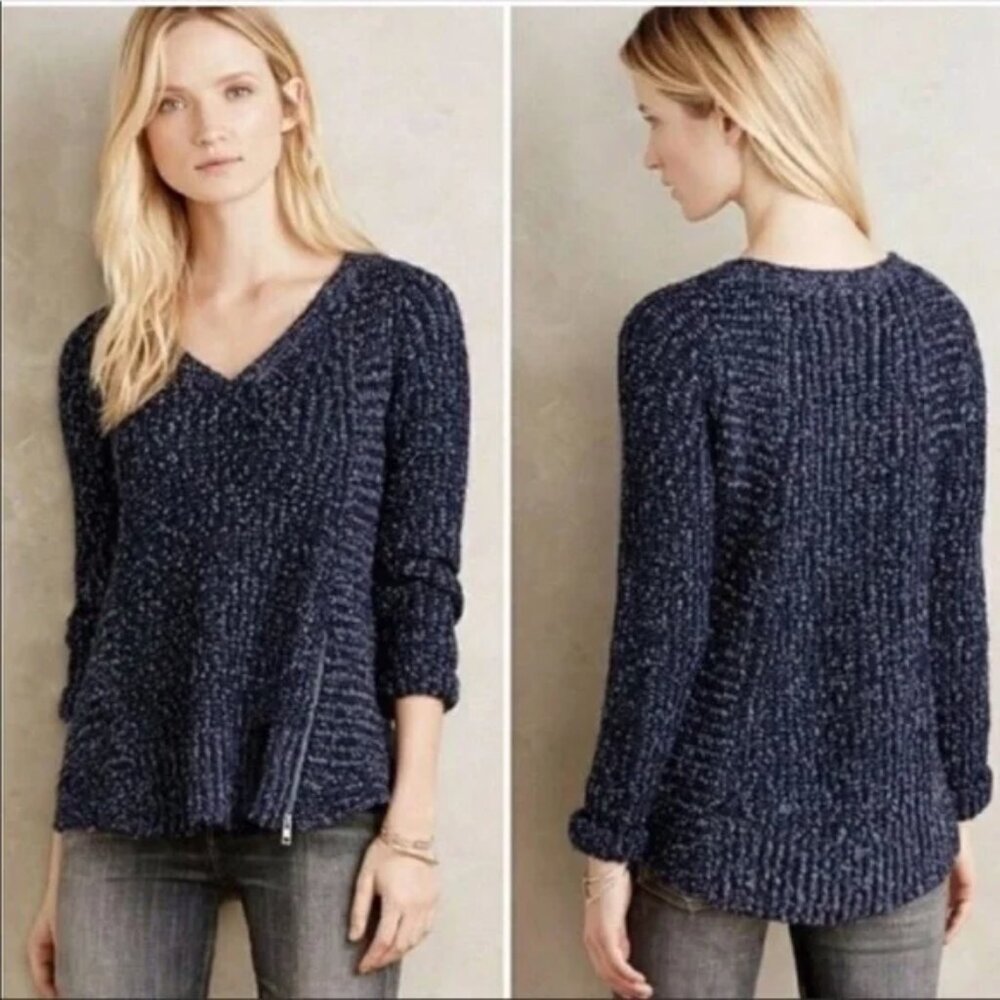 Anthropologie Moth Blue Side Zip Nubby Knit Wool Alpaca V-neck Wool Pullover